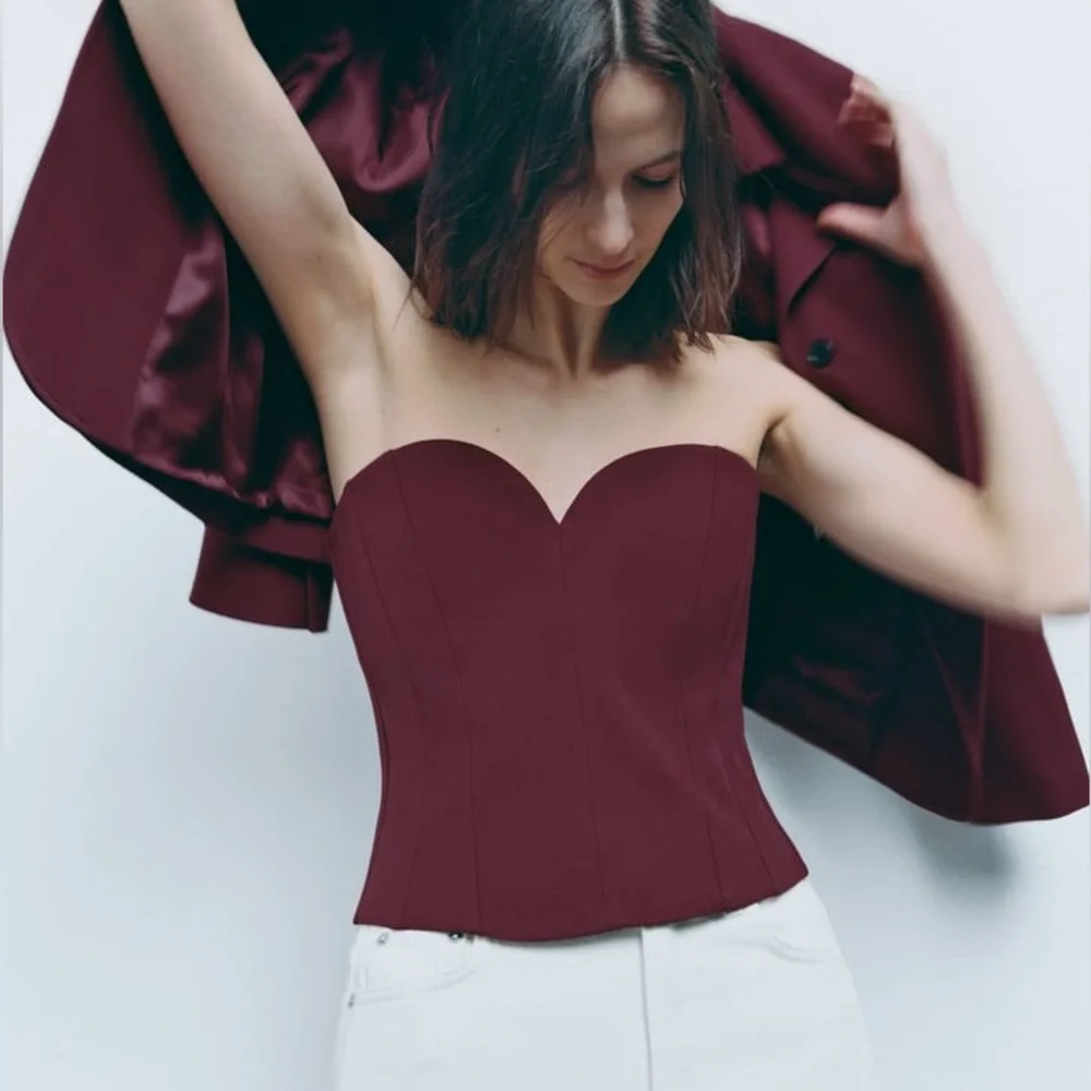 Zara Set - Wine Buttoned Tailored Blazer & Sweetheart Neckline Bustier - Picture 14 of 16